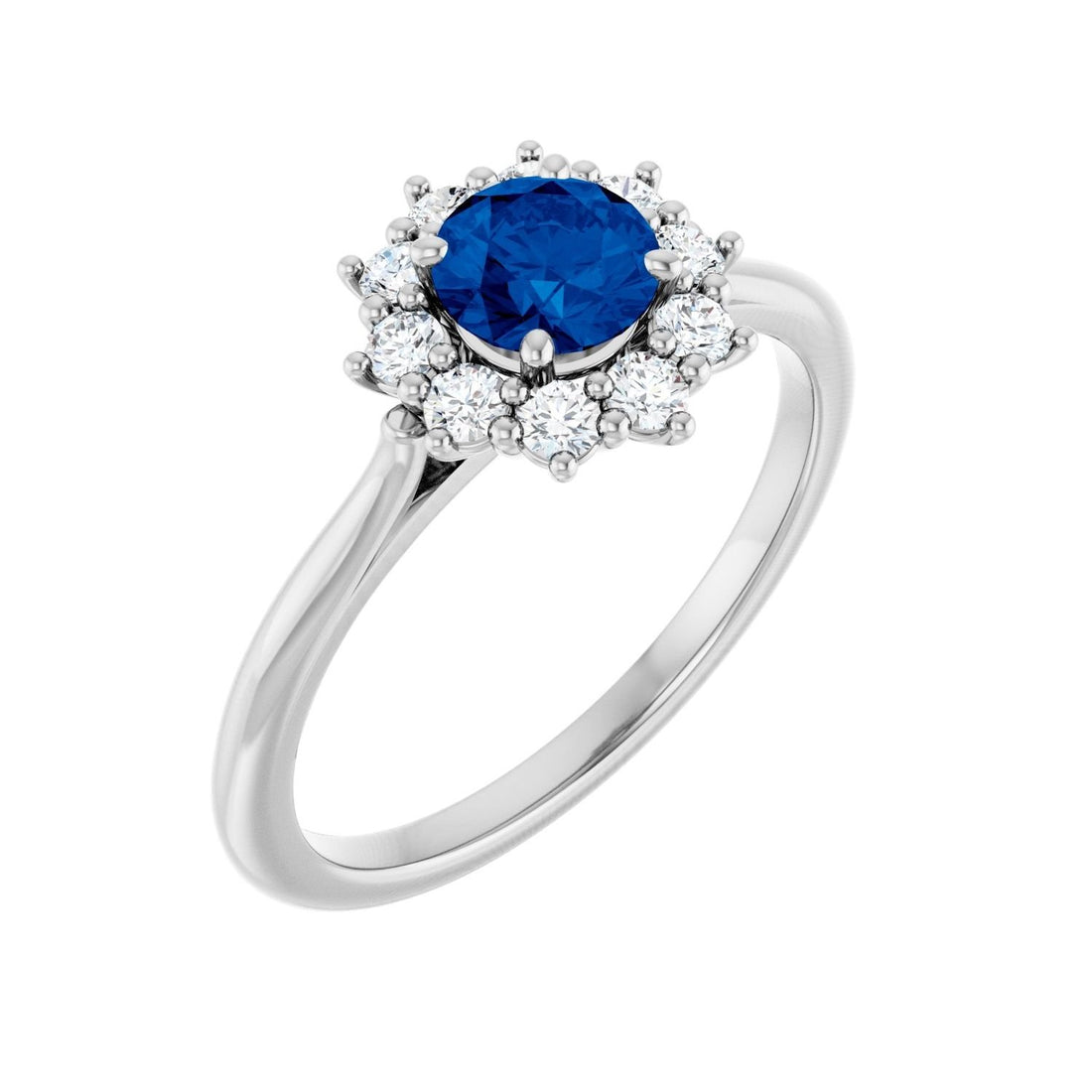 round lab-grown blue sapphire halo ring in 14k White Gold