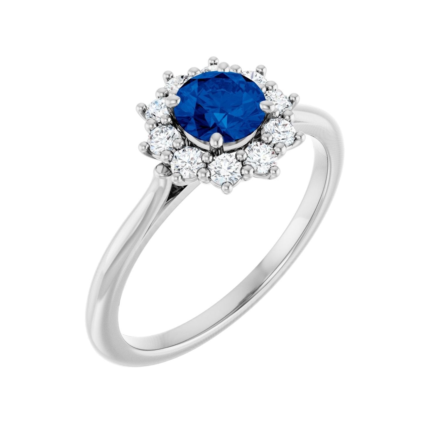 round lab-grown blue sapphire halo ring in 14k White Gold