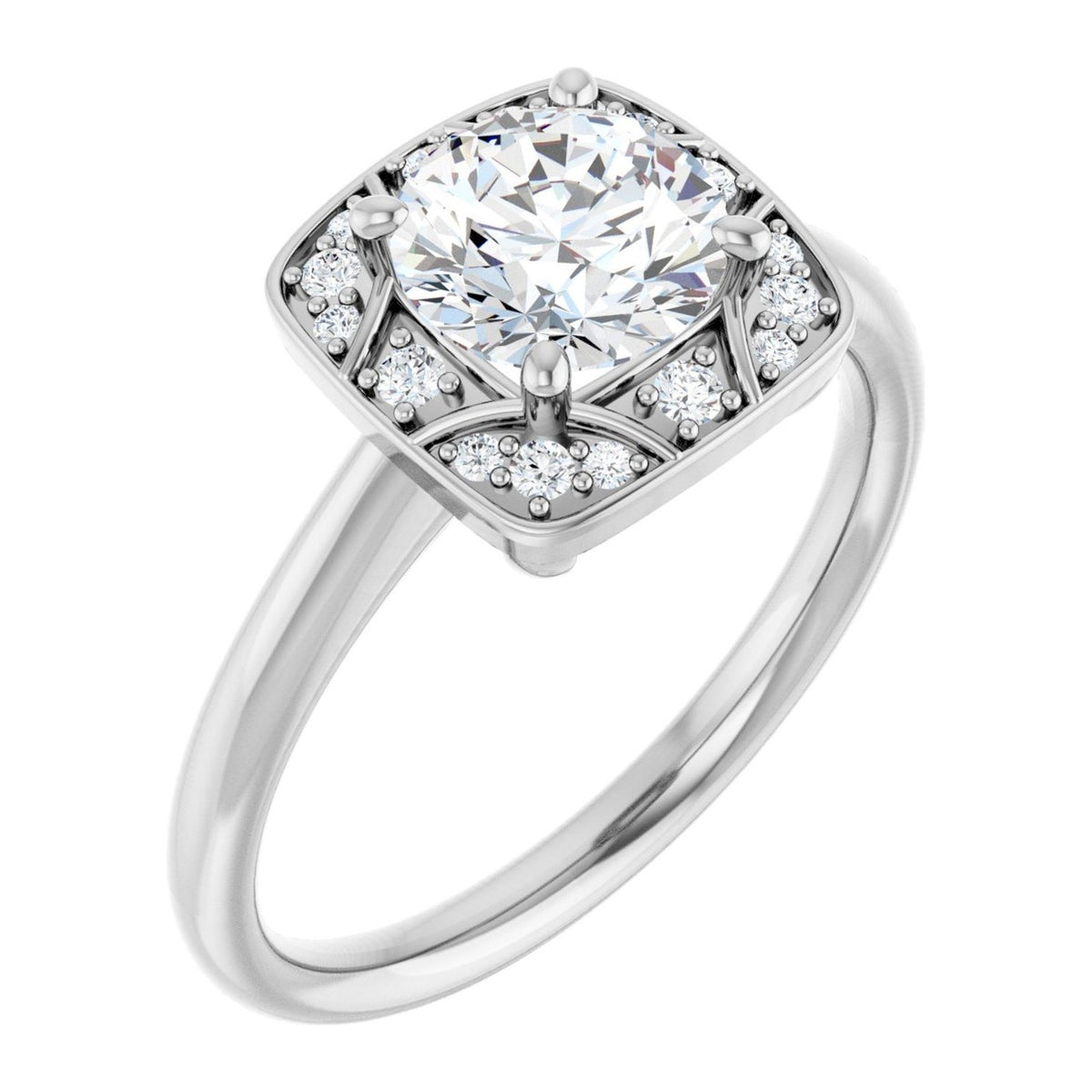 Round Lab-Grown Diamond Art Deco Halo engagement ring in 14K White Gold, shown with a 1.00 ct center