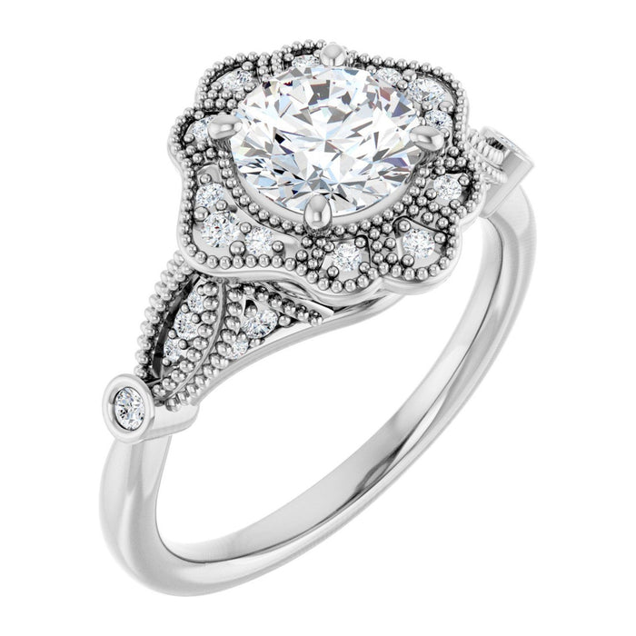 Round Lab-Grown Diamond Edwardian Milgrain Flower Halo engagement ring in 14K White Gold, shown with a 1.00 ct center