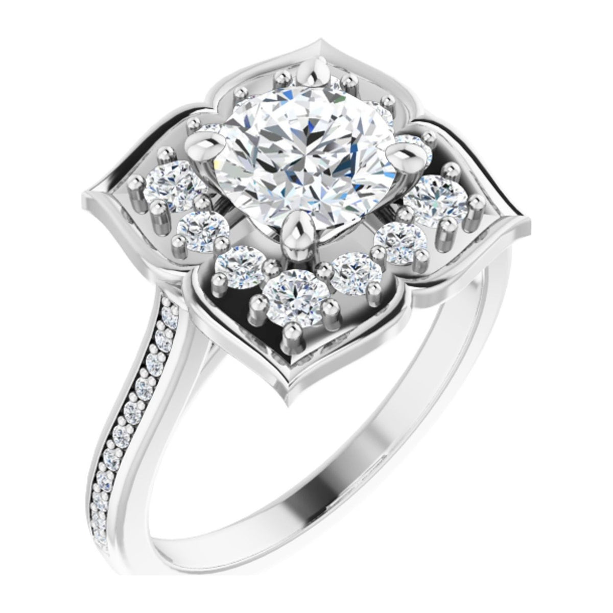 Round Lab-Grown Diamond Four-Petal Floral Halo engagement ring in 14K White Gold, shown with a 1.00 ct center