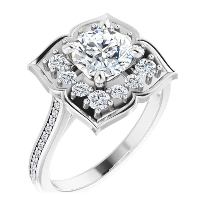 Round Lab-Grown Diamond Four-Petal Floral Halo engagement ring in 14K White Gold, shown with a 1.00 ct center