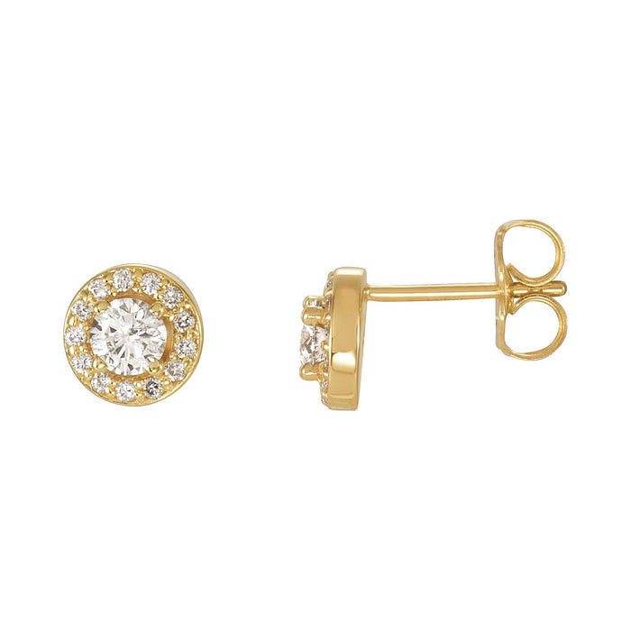 Round lab-grown diamond halo stud earrings in 14K yellow gold