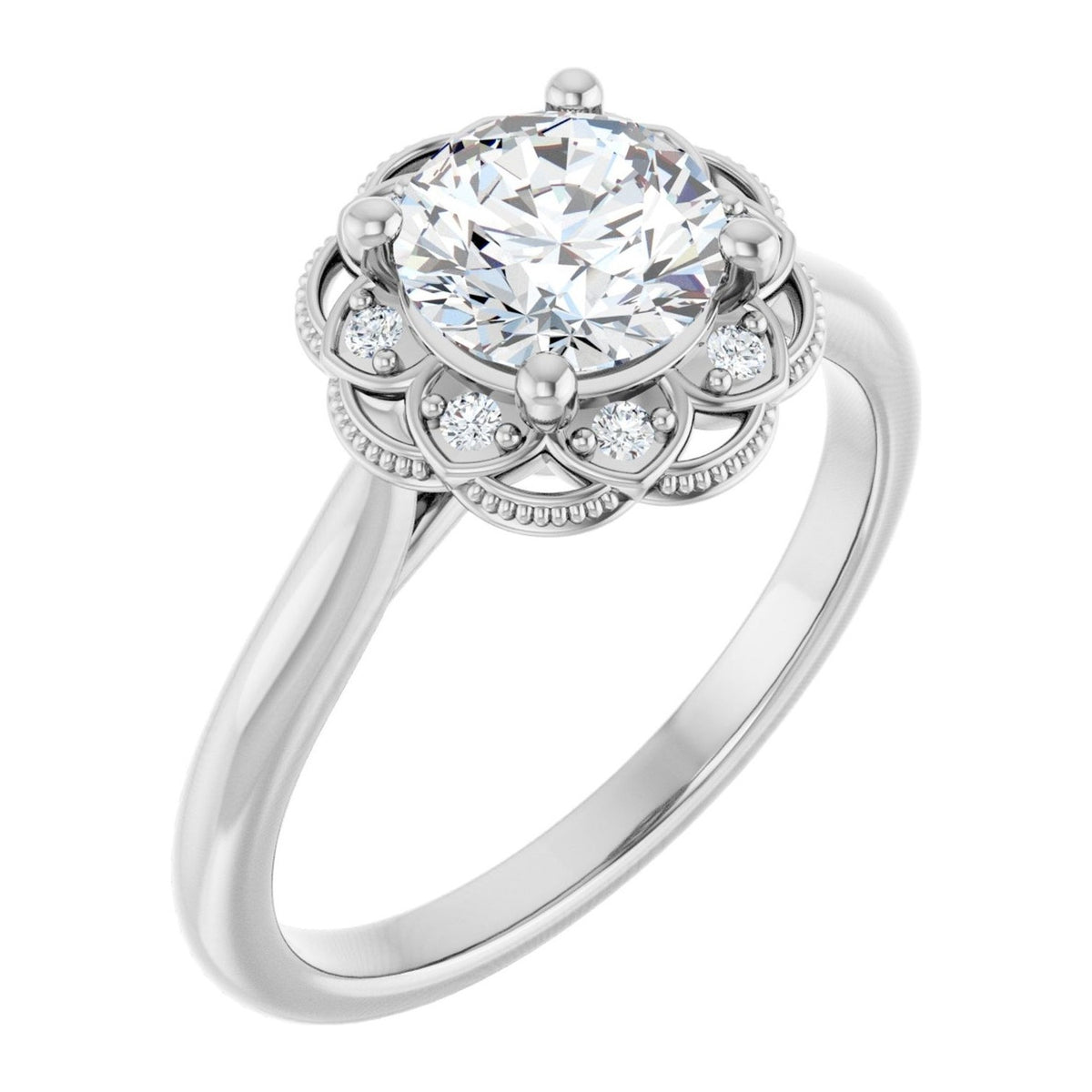 Round Lab-Grown Diamond Lotus Petal Basket engagement ring in 14K White Gold, shown with a 1.00 ct center