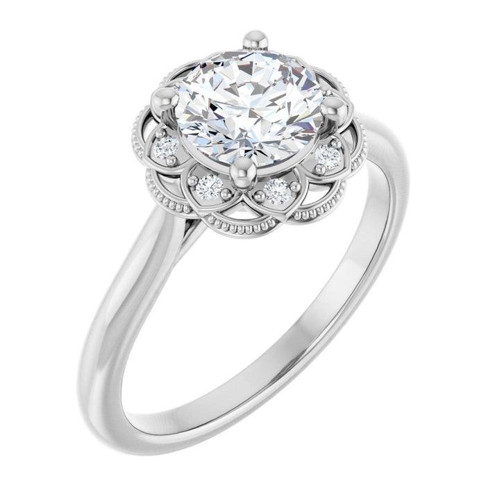 Round Lab-Grown Diamond Lotus Petal Basket engagement ring in 14K White Gold, shown with a 1.00 ct center