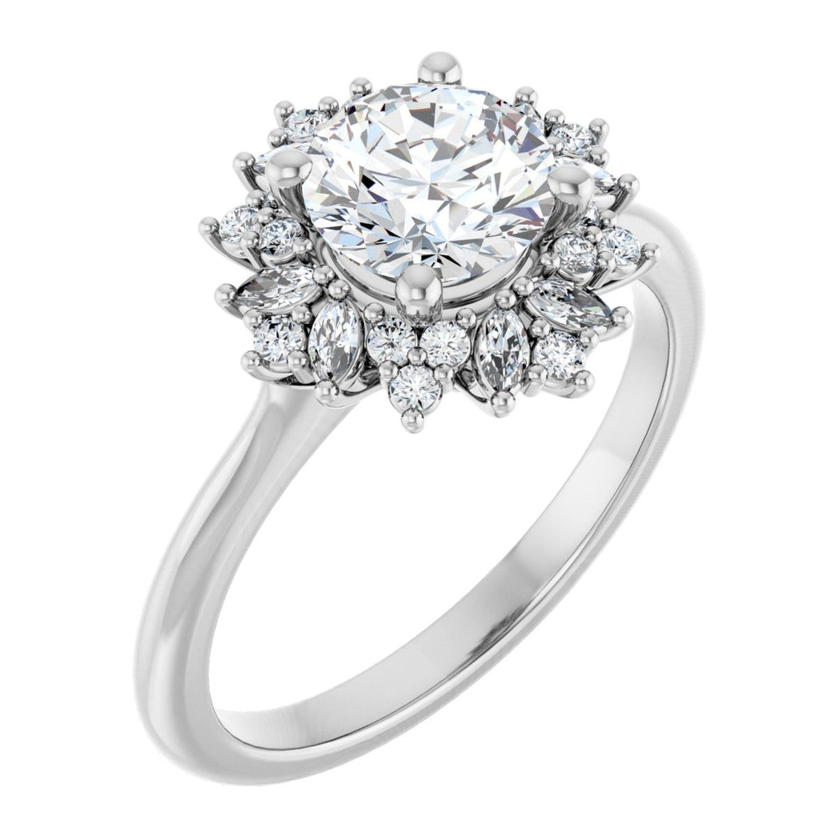 Round Lab-Grown Diamond Marquise Petal Halo engagement ring in 14K White Gold, shown with a 1.00 ct center