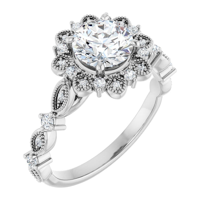 Round Lab-Grown Diamond Milgrain Flower Halo engagement ring in 14K White Gold, shown with a 1.00 ct center
