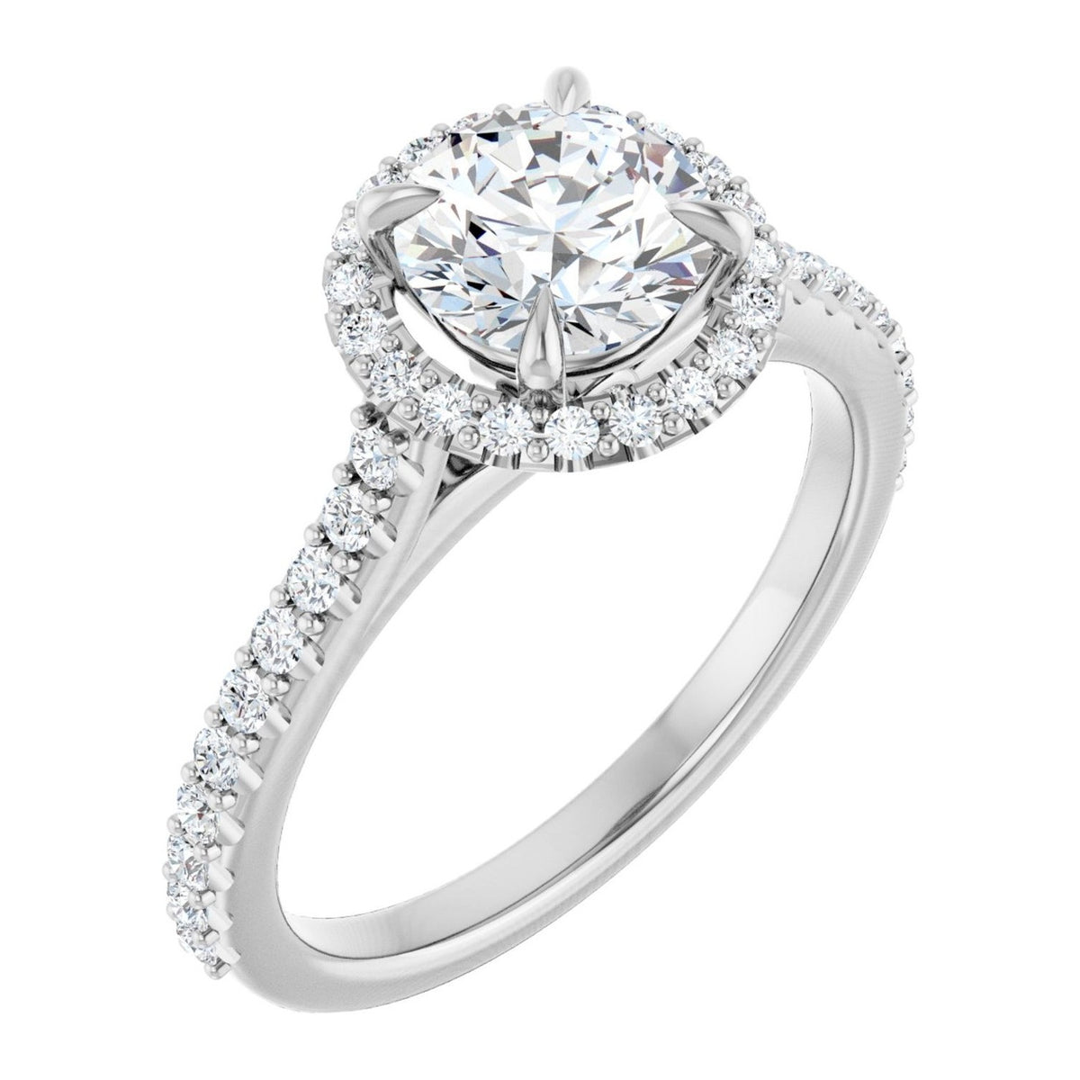 Round Lab-Grown Diamond Pavé Halo engagement ring in 14K White Gold, shown with a 1.00 ct center
