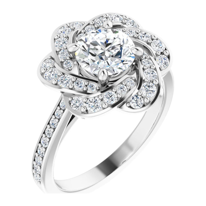 Round Lab-Grown Diamond Swirled Petal Halo engagement ring in 14K White Gold, shown with a 1.00 ct center