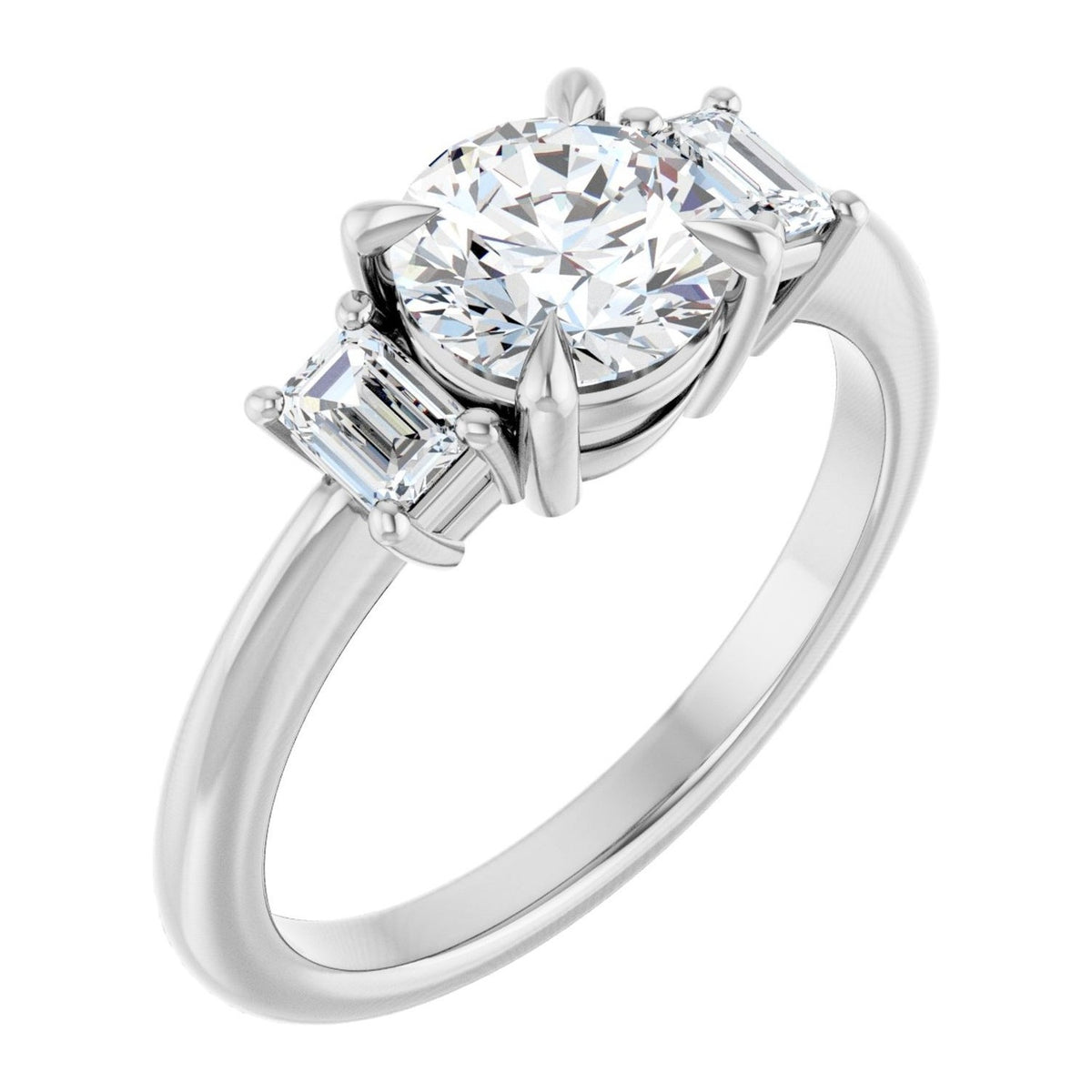 Round Lab-Grown Diamond Three-Stone Emerald-Cut Sides engagement ring in 14K White Gold, shown with a 1.00 ct center