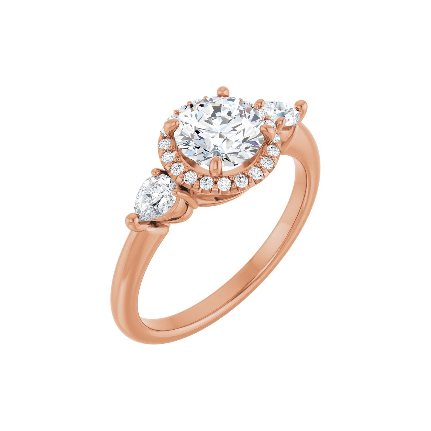 1.00 ct round lab-grown diamond three-stone halo with pear sides engagement ring in 14K Rose Gold