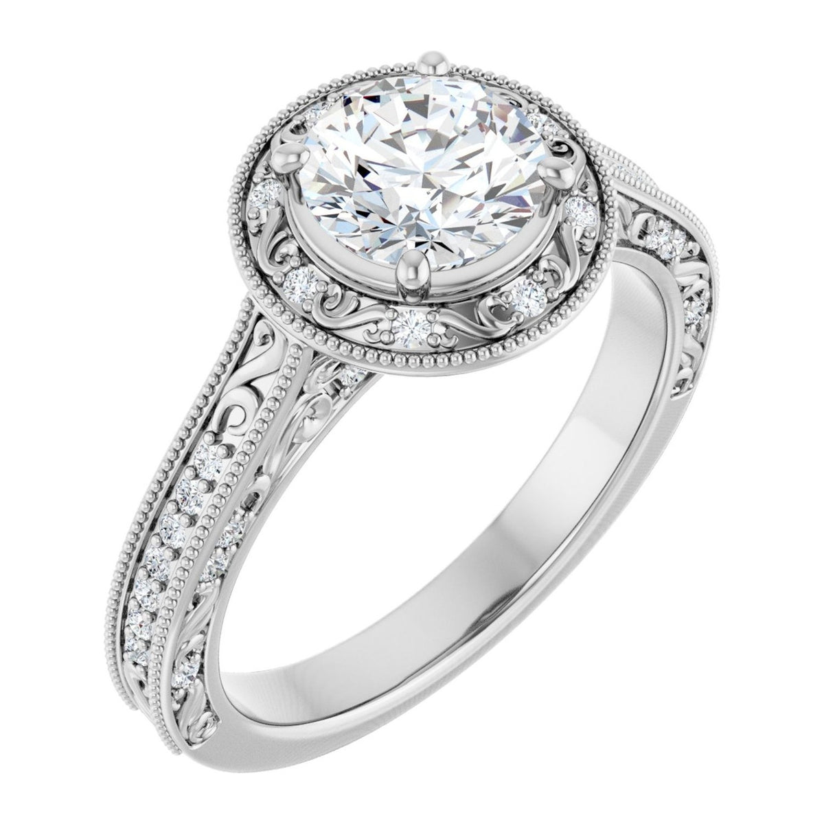 Round Lab-Grown Diamond Vintage Engraved Halo engagement ring in 14K White Gold, shown with a 1.00 ct center