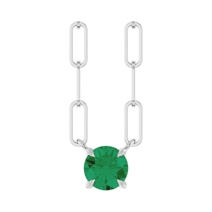 14K White Gold round lab-grown emerald claw-prong solitaire necklace