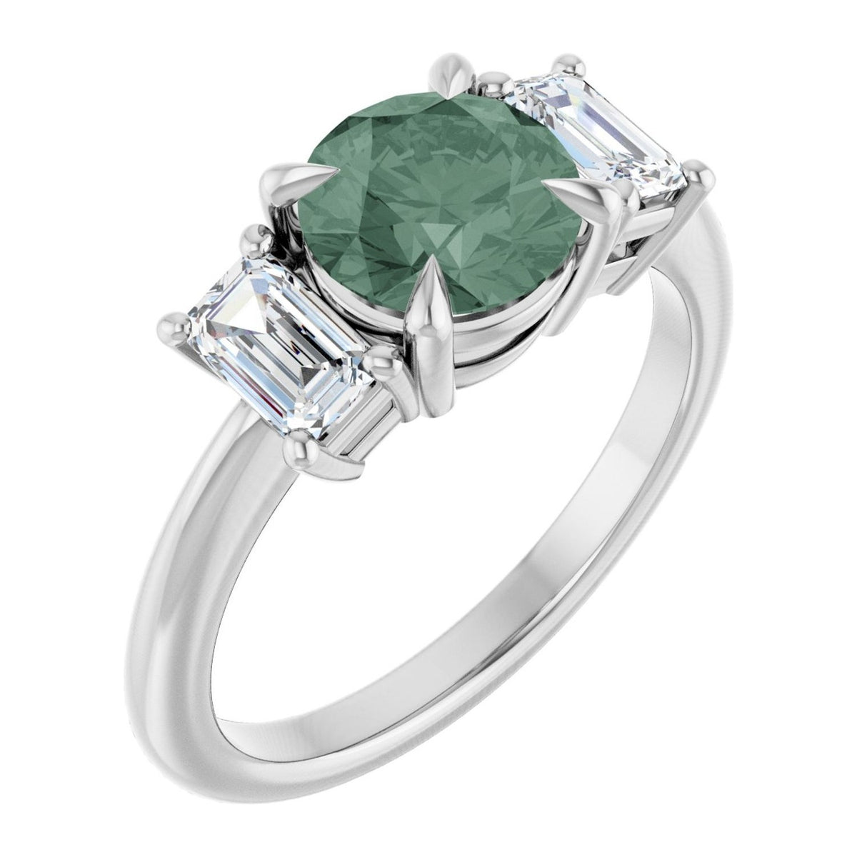 Round lab-grown green sapphire three-stone engagement ring in 14K White Gold, shown with a 7 mm center