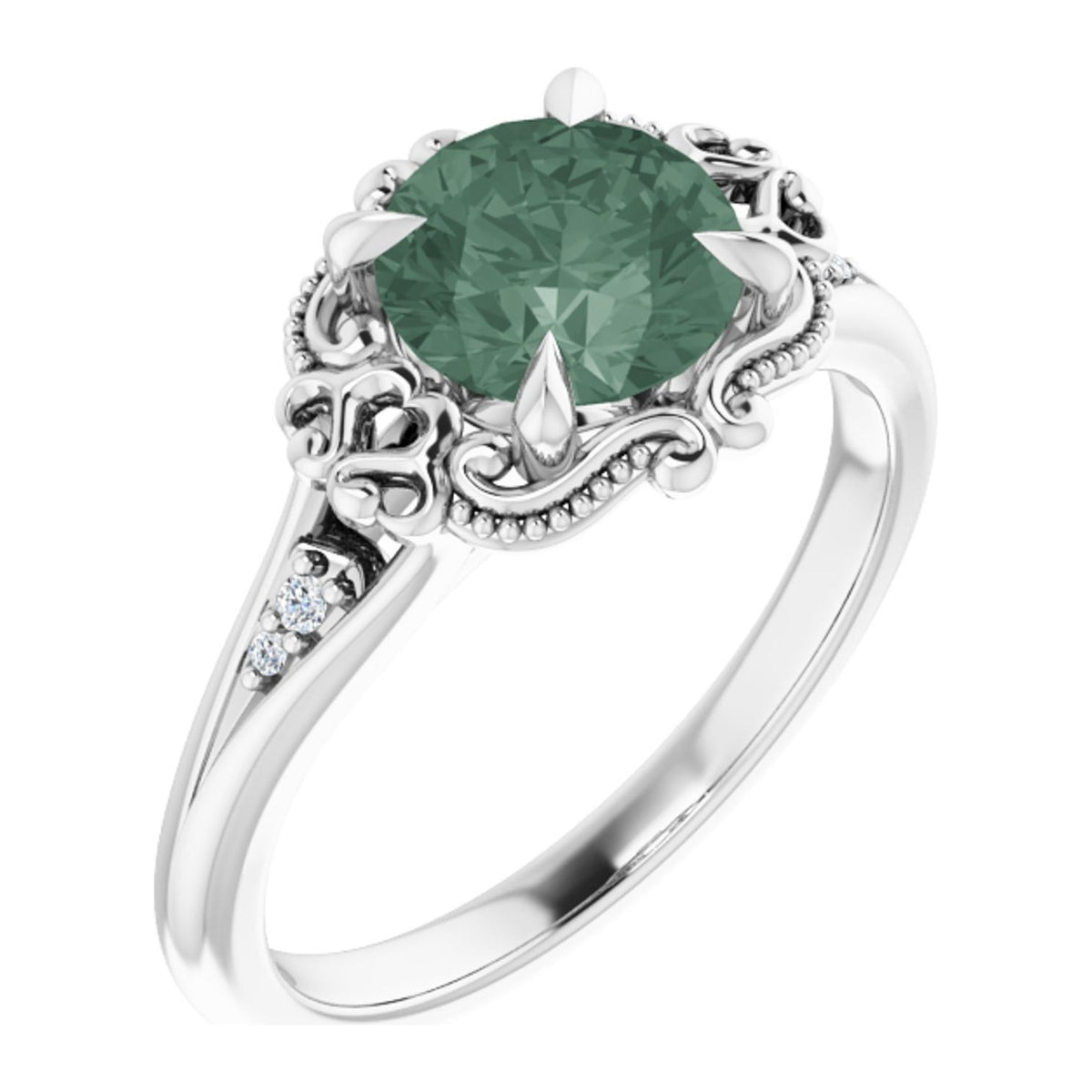 Round lab-grown green sapphire vintage filigree scroll engagement ring in 14K White Gold, shown with a 7 mm center