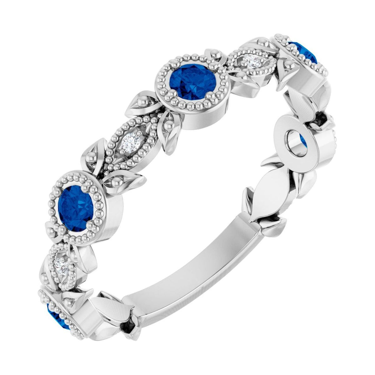 round leaf birthstone ring blue sapphire white gold