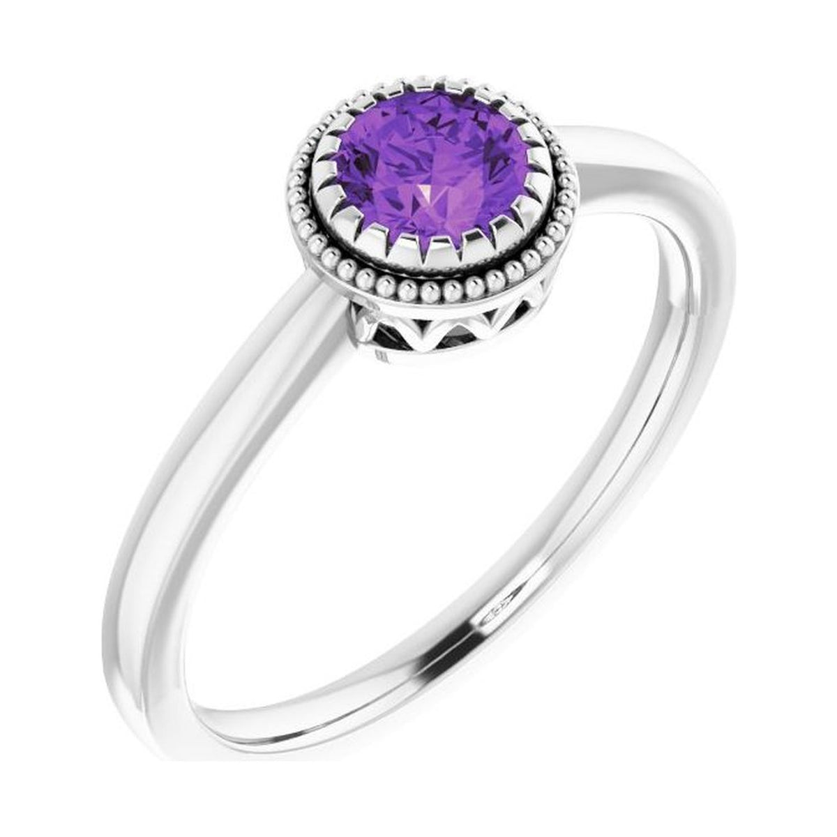 round milgrain bezel-set solitaire birthstone ring amethyst white gold