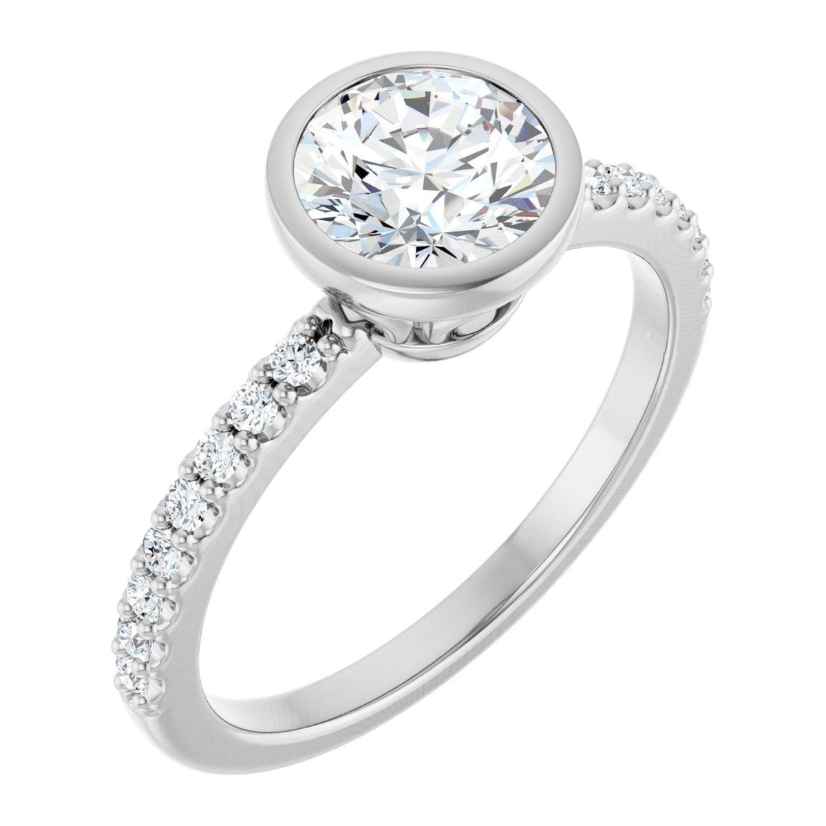 Round Moissanite Bezel Pavé Engagement Ring in 14K White Gold, shown with a 6.5 mm moissanite center