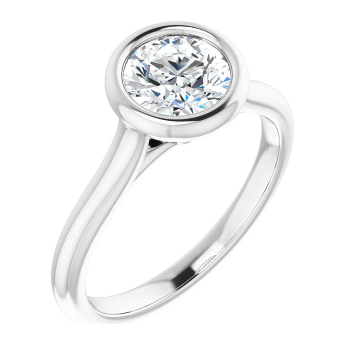 Round Moissanite Bezel Solitaire Engagement Ring in 14K White Gold, shown with a 6.5 mm moissanite center