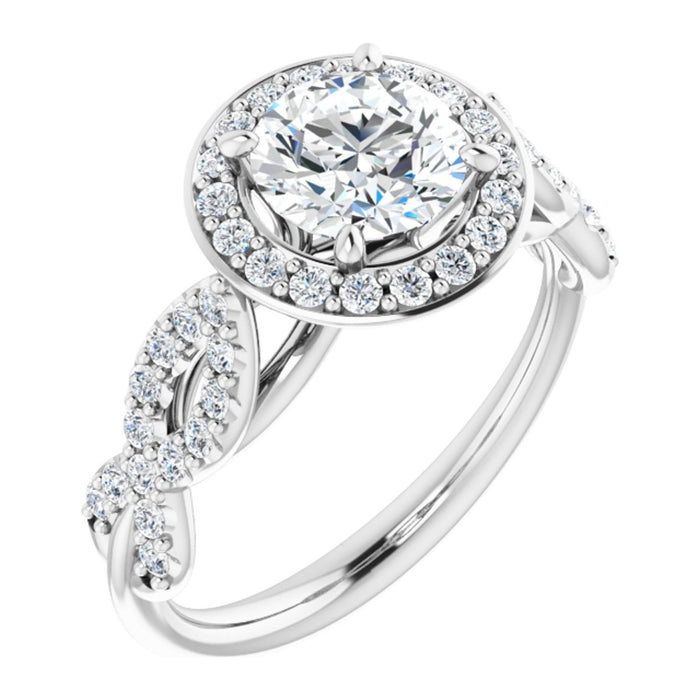 Round Moissanite Infinity Twist Halo Engagement Ring in 14K White Gold, shown with a 6.5 mm moissanite center