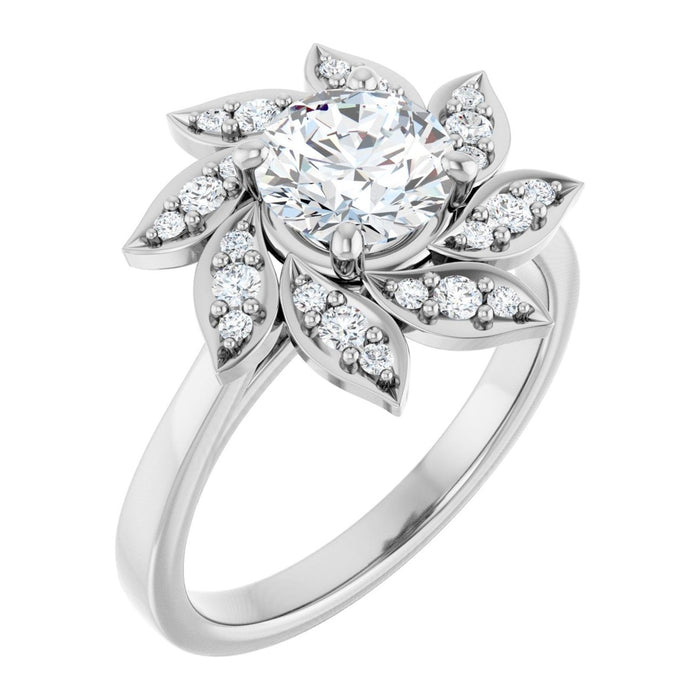 Round Moissanite Lotus Petal Halo Engagement Ring in 14K White Gold, shown with a 6.5 mm moissanite center