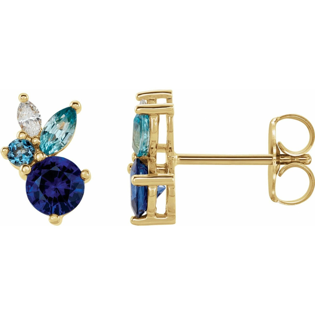 round natural blue sapphire earrings in 14k Yellow Gold