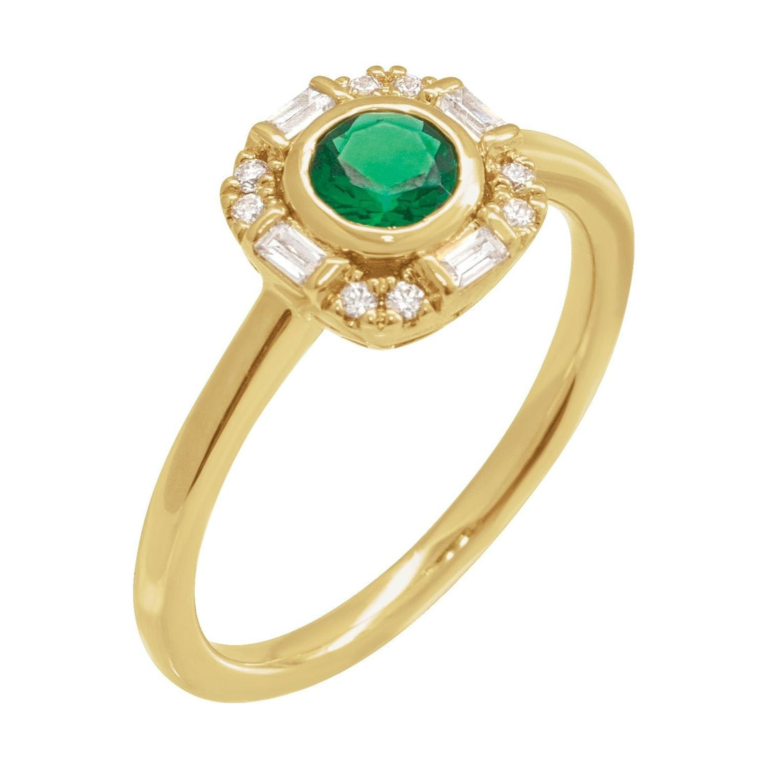 round natural emerald & diamond ring in 14k Yellow Gold