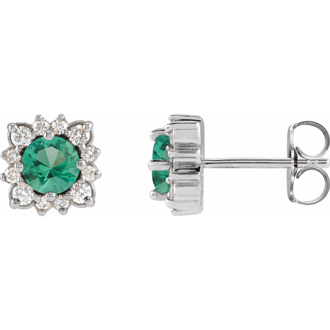 round natural emerald earrings in 14k White Gold