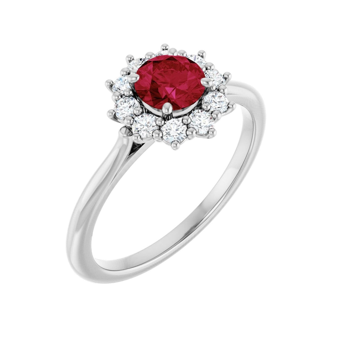 round ruby & diamond halo ring in 14k White Gold