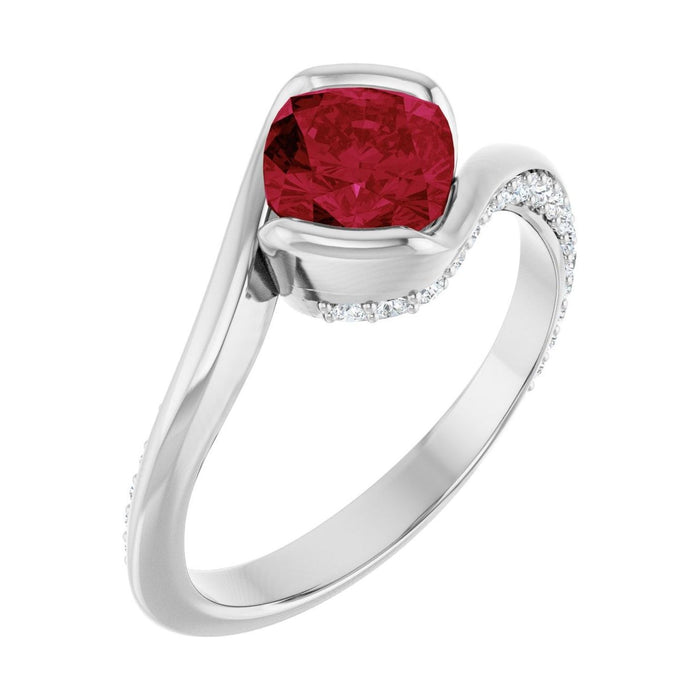 Cushion 1 ct ruby 14K White Gold half-bezel bypass engagement ring