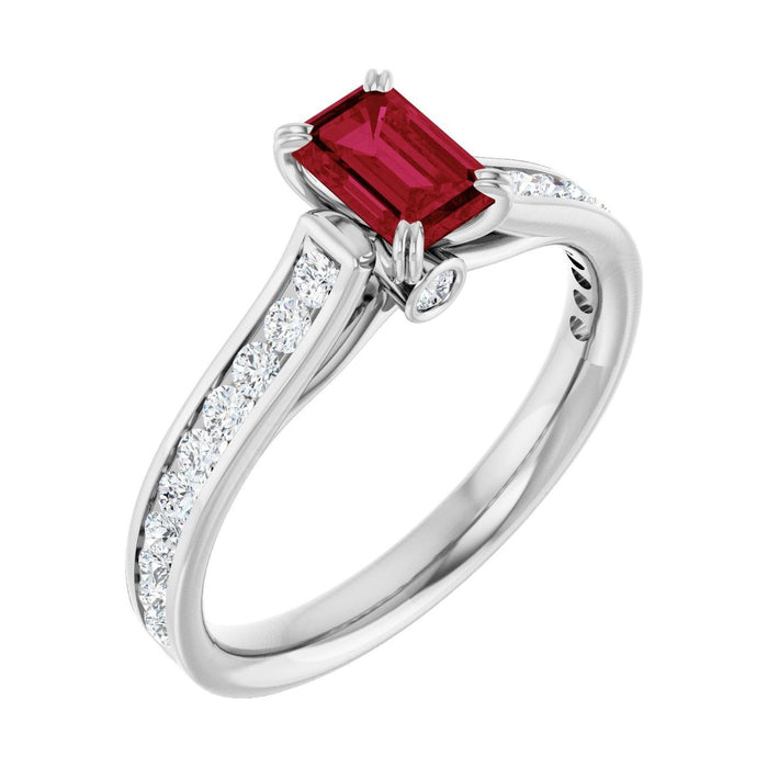 Emerald 1 ct ruby 14K White Gold cathedral pavé engagement ring