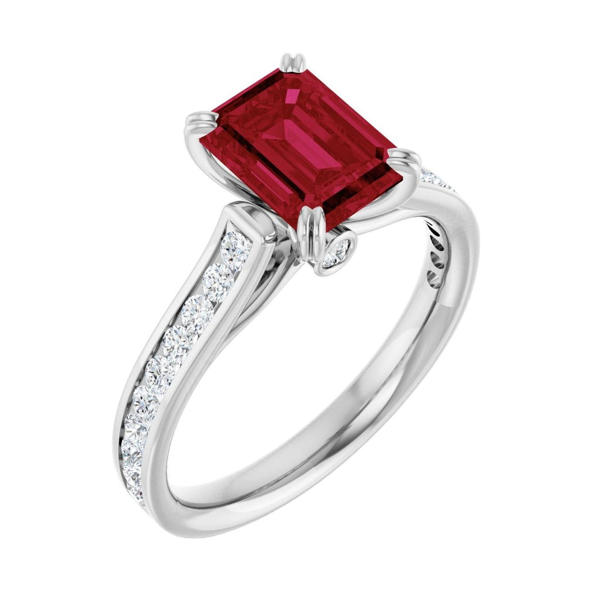 Emerald 1 ct ruby 14K White Gold cathedral pavé engagement ring