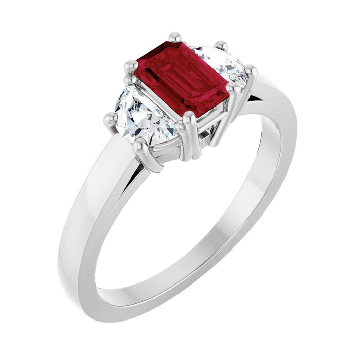 Emerald 1 ct ruby 14K White Gold classic three-stone engagement ring