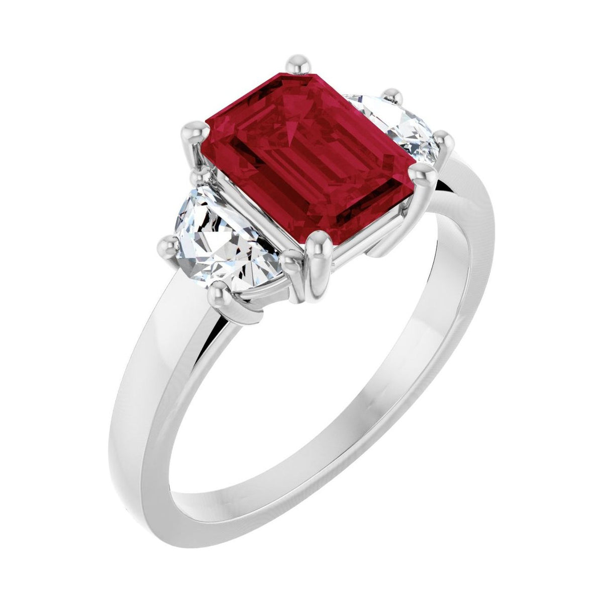 Emerald 1 ct ruby 14K White Gold classic three-stone engagement ring