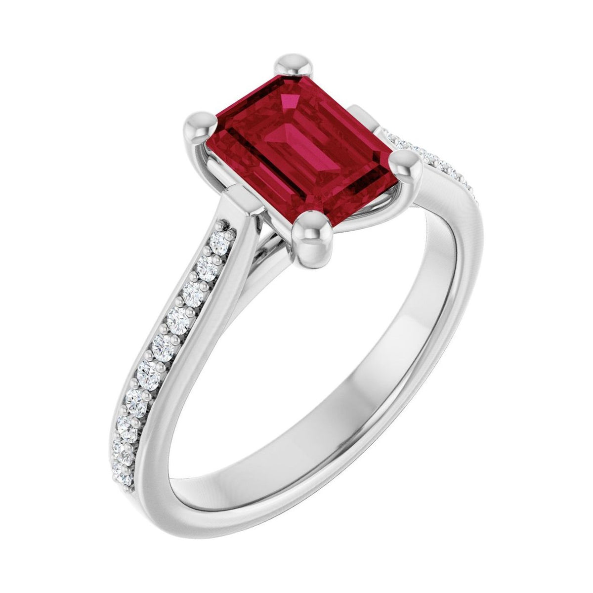Emerald 1 ct ruby 14K White Gold french pavé solitaire engagement ring