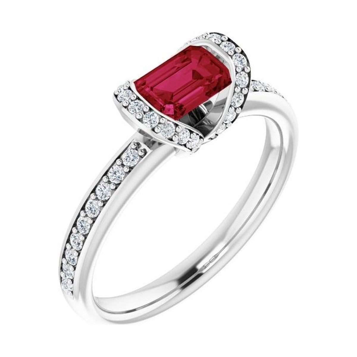 Emerald 1 ct ruby 14K White Gold half-bezel halo engagement ring