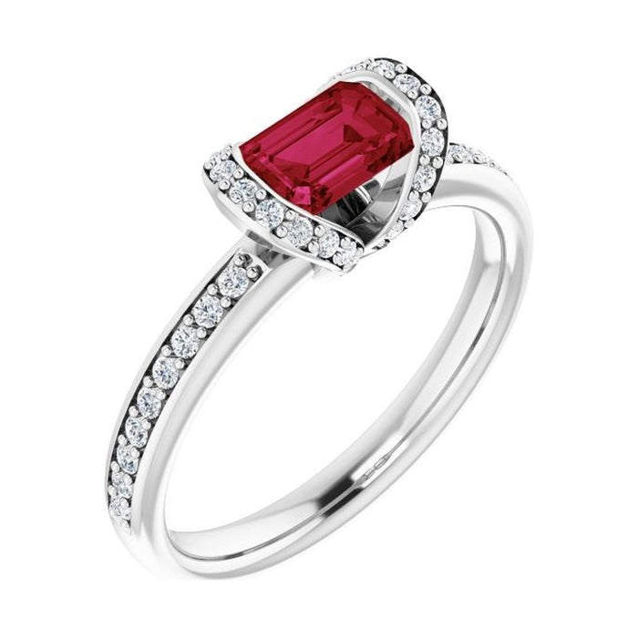 Emerald 1 ct ruby 14K White Gold half-bezel halo engagement ring