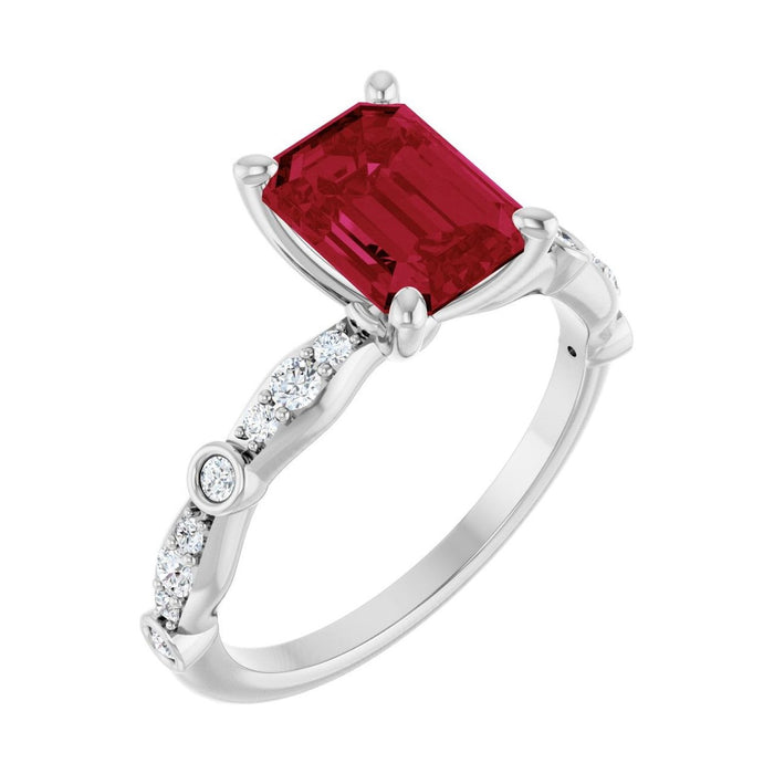 Emerald 1 ct ruby 14K White Gold petite vintage milgrain engagement ring