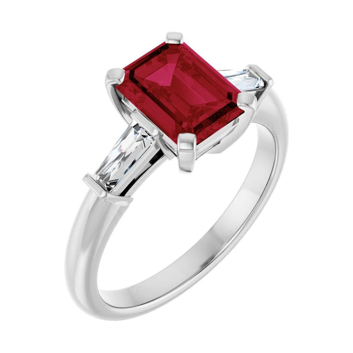 Emerald 1 ct ruby 14K White Gold tapered baguette three-stone engagement ring