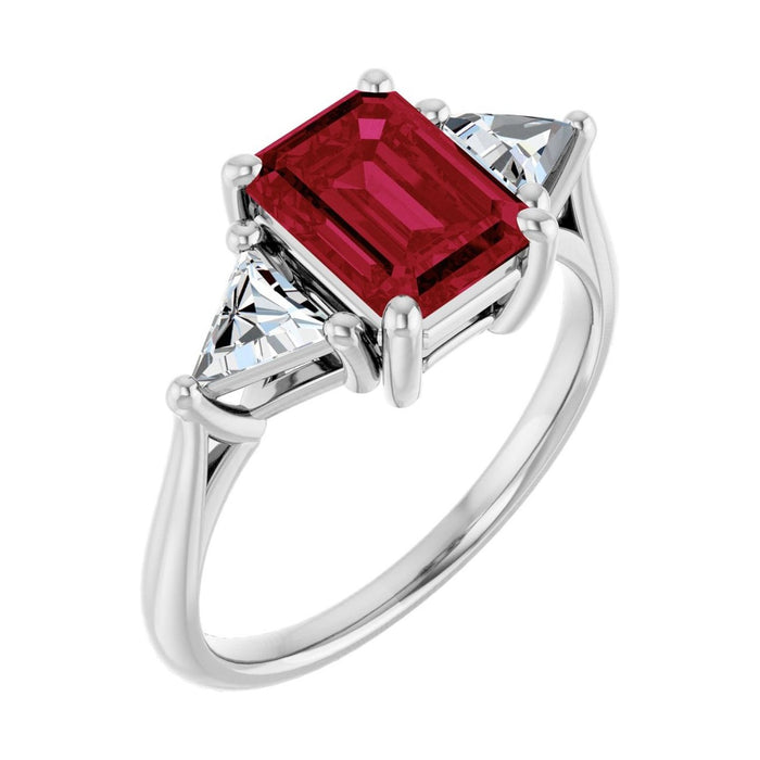 Emerald 1 ct ruby 14K White Gold trillion three-stone engagement ring