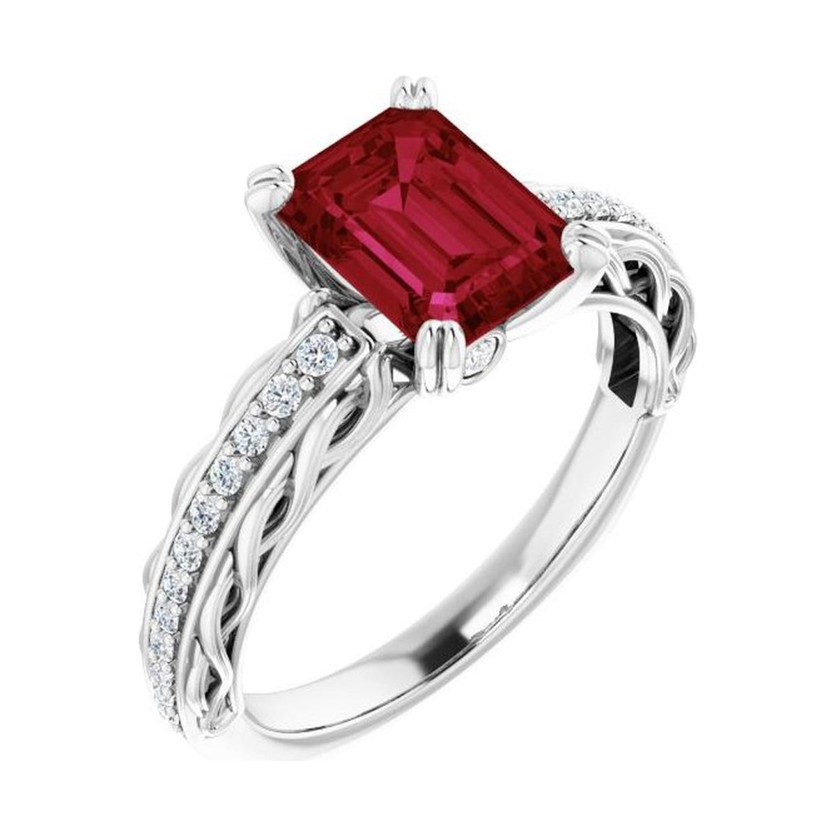 Emerald 1 ct ruby 14K White Gold twisted vine solitaire engagement ring