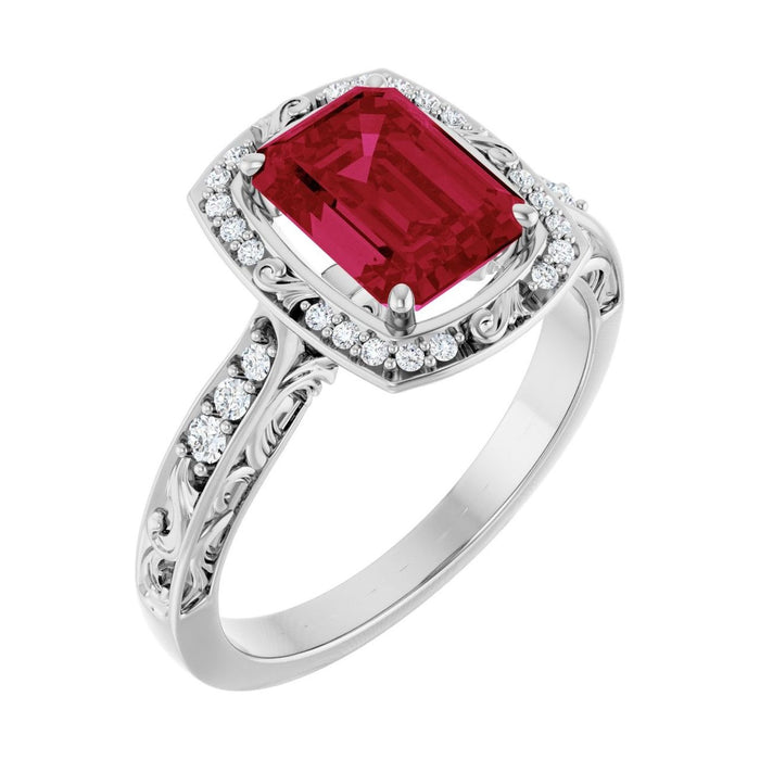 Emerald 1 ct ruby 14K White Gold vintage scroll halo engagement ring