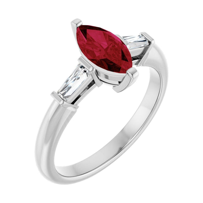 Marquise 1 ct ruby 14K White Gold tapered baguette three-stone engagement ring