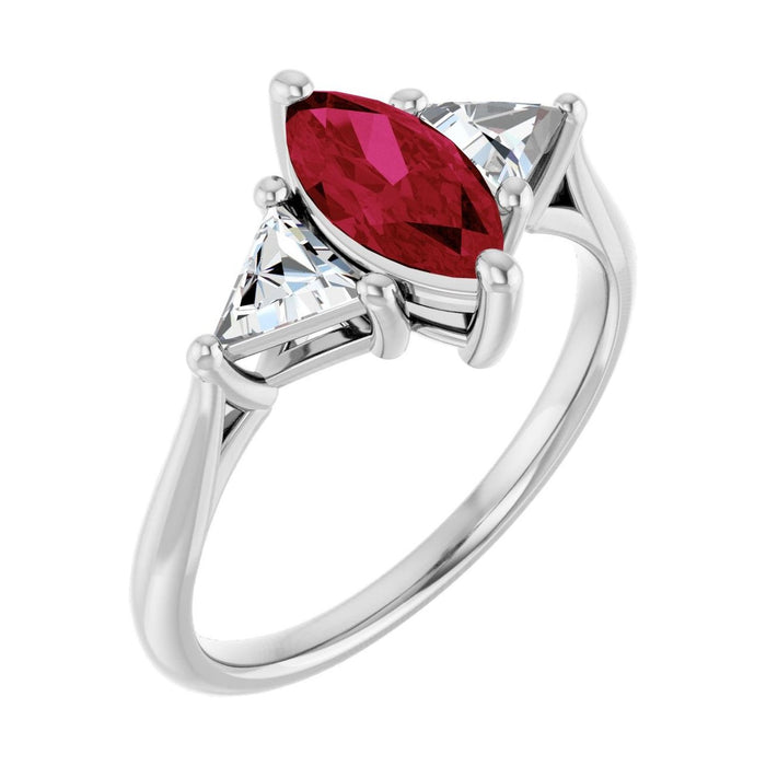 Marquise 1 ct ruby 14K White Gold trillion three-stone engagement ring