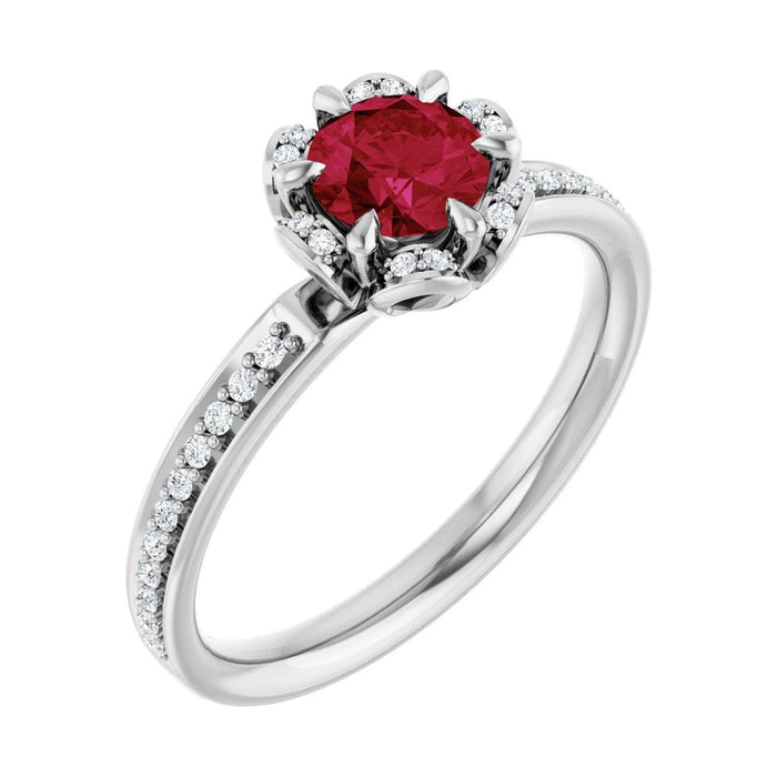 Round 1 ct ruby 14K White Gold petite pavé halo engagement ring