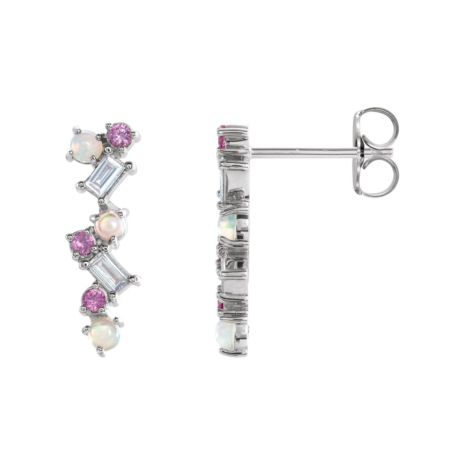 14K White Gold scattered-bar Ethiopian opal, pink sapphire and baguette diamond earrings
