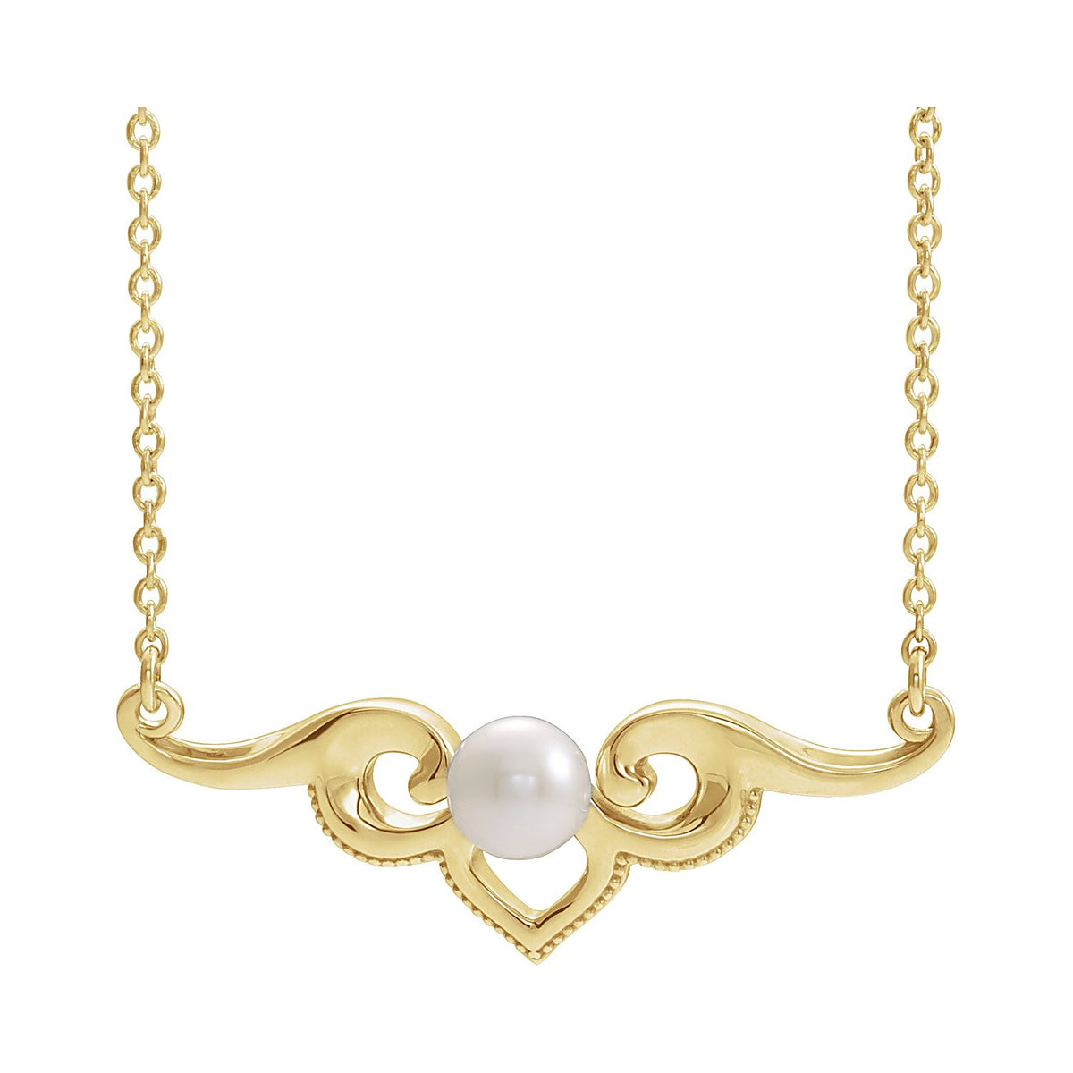 Scroll Bar Freshwater Pearl Necklace in 14K Yellow Gold, front