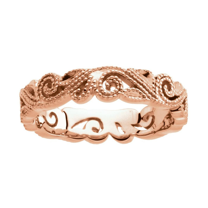 Sculpted men's wedding band in rose gold with carved scroll detail