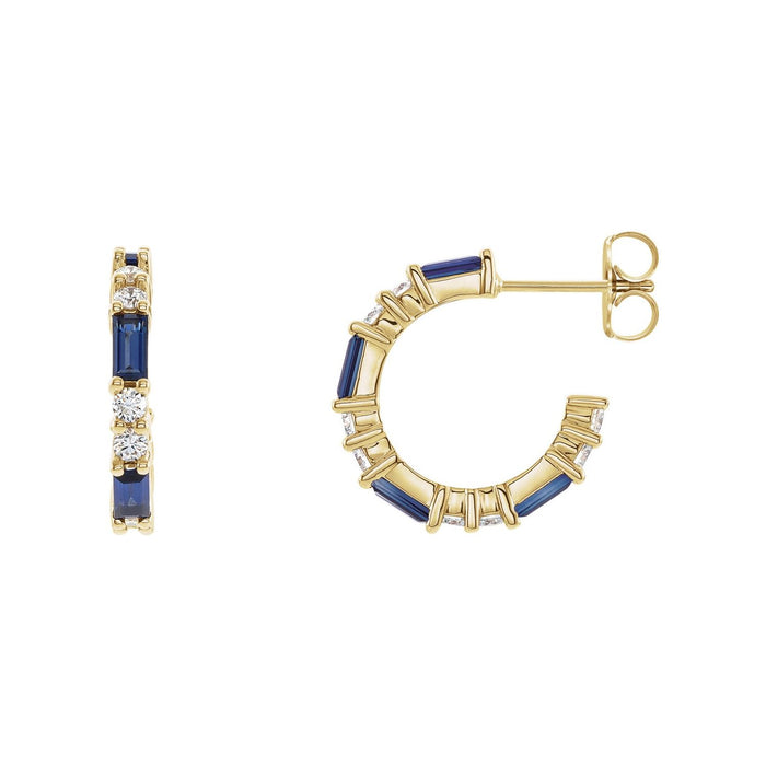 14K Yellow Gold lab-grown blue sapphire baguette hoop earrings with natural diamonds