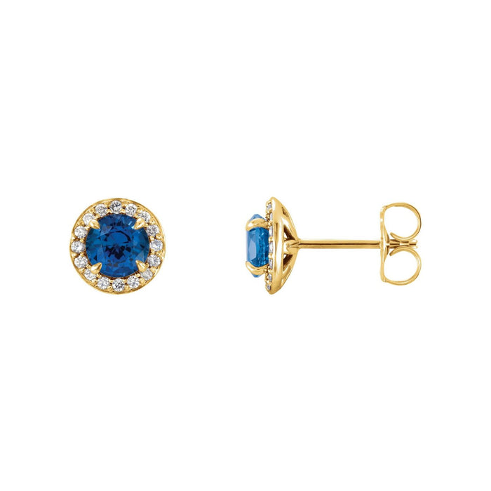 14K Yellow Gold lab-grown blue sapphire round stud earrings with natural diamonds
